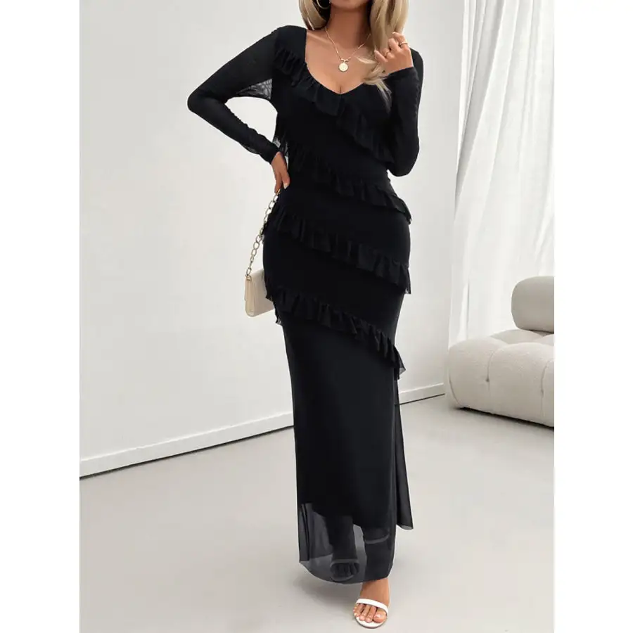 Devine Ruffled Surplice Long Sleeve Maxi Dress