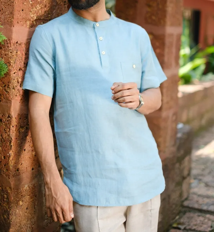 Aqua Linen Band Collar Shirt
