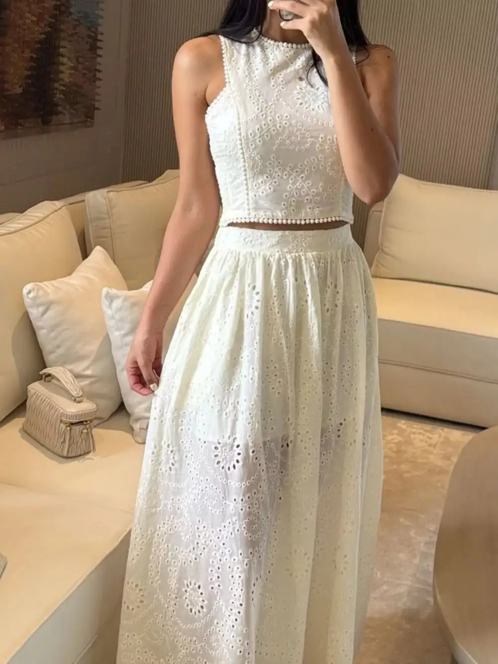 Cropped Eyelet Coordinated Set