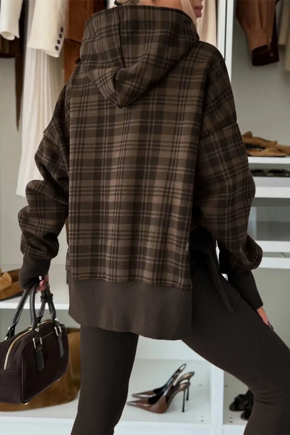 Plaid Patchwork Side Slit Hoodie
