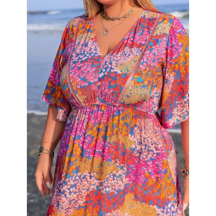Plus Size Printed V Neck Half Sleeve Maxi Dress