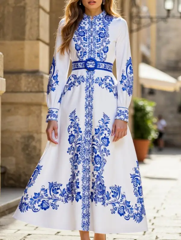 Retro Print Stand Collar Split Hem Dress