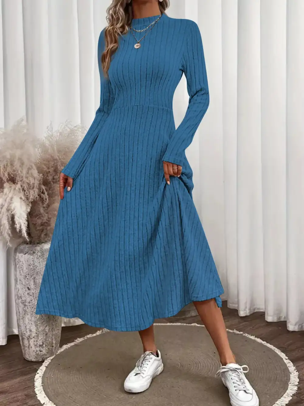 Drape Ribbed Knit Midi Dress