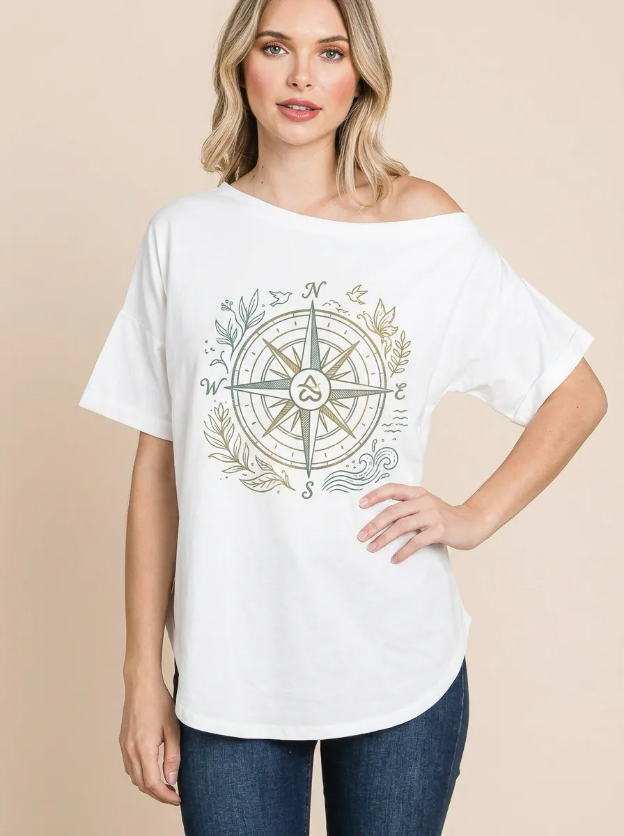 Women's Travel Adventure Compass Floral Graphic Off-Shoulder T-Shirt