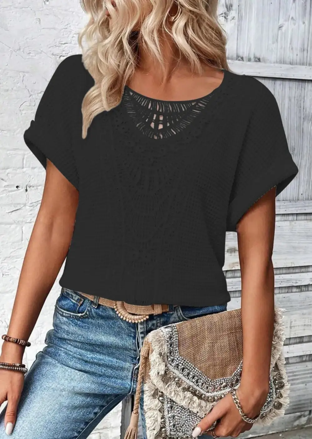 Refined Short-Sleeve Lace-Detail Knit T-Shirt