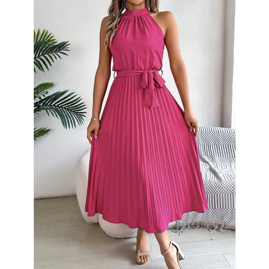 Pleated Tie Waist Sleeveless Midi Dress