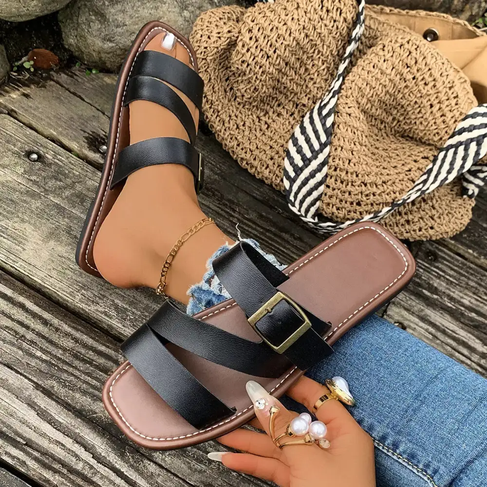 Textured Open Toe Buckle Sandals