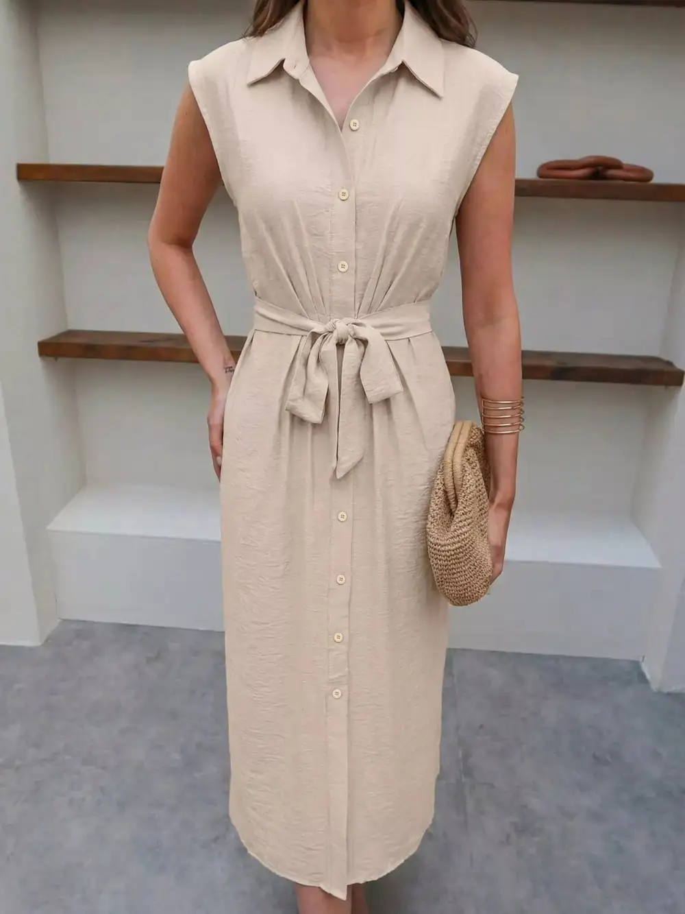 Button Front Tie Waist Sleeveless Midi Dress