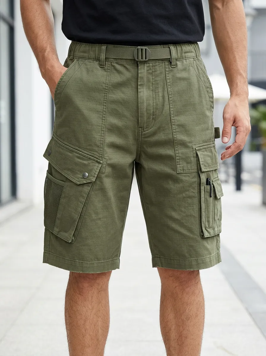 Men's Tactical Outdoor Multi-Pocket Belted Cargo Shorts