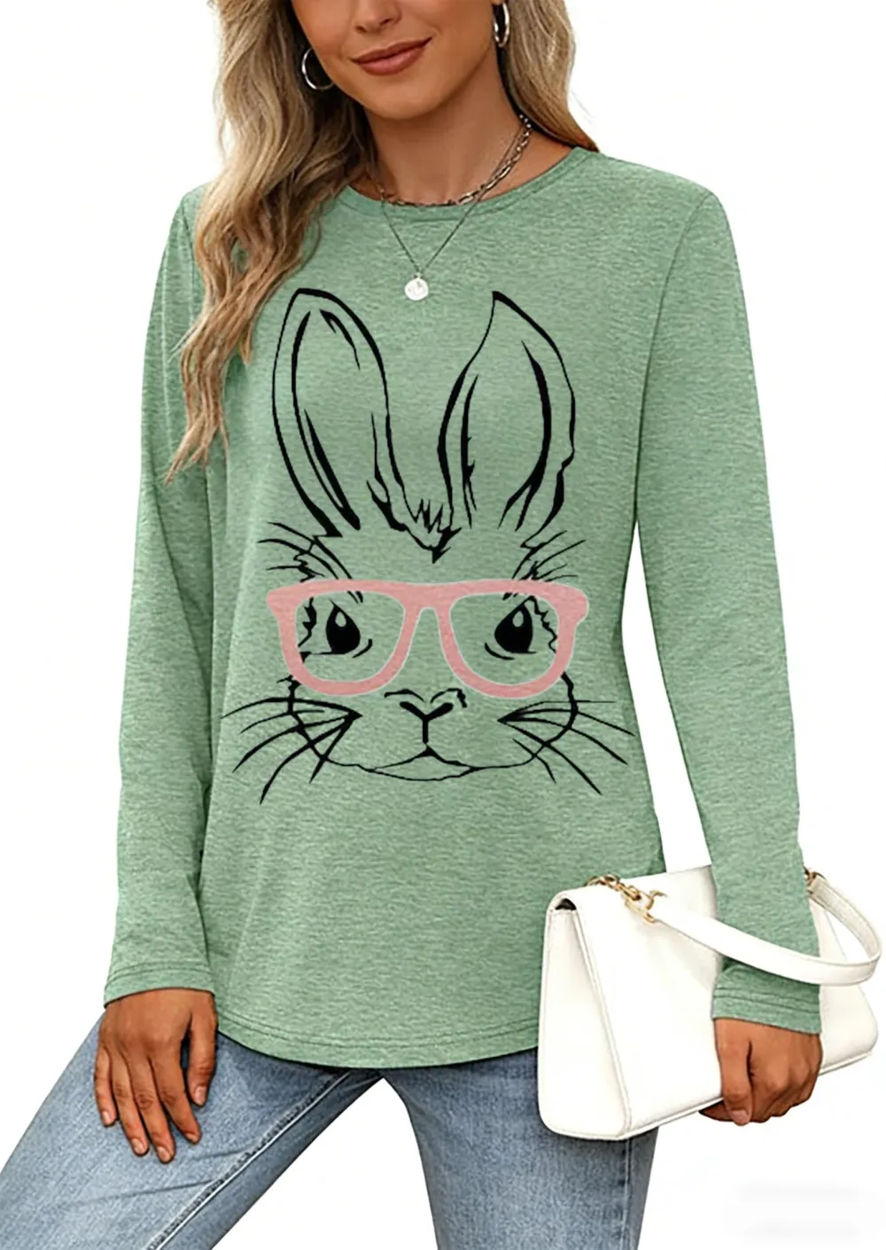Rabbit With Glasses Print Long Sleeve T-shirt