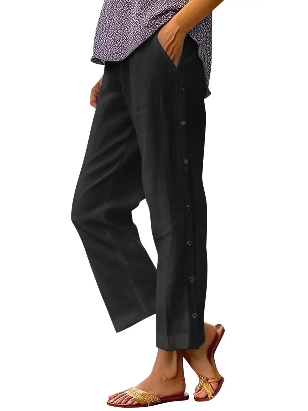 Side Decor Button Casual Wide Leg Pants