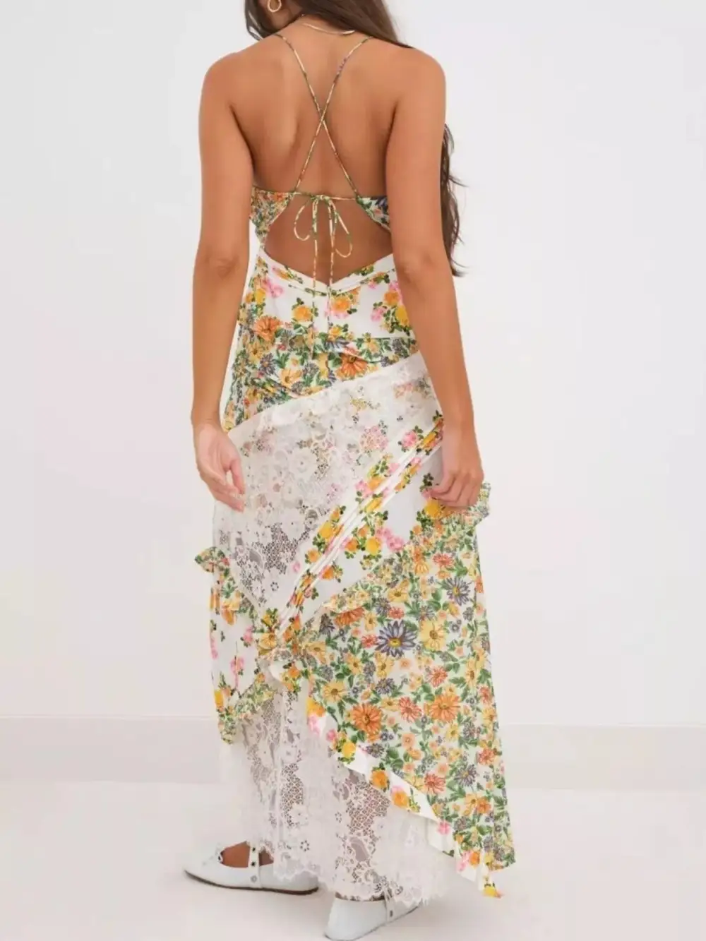 Floral Lace V Neck Maxi Dress