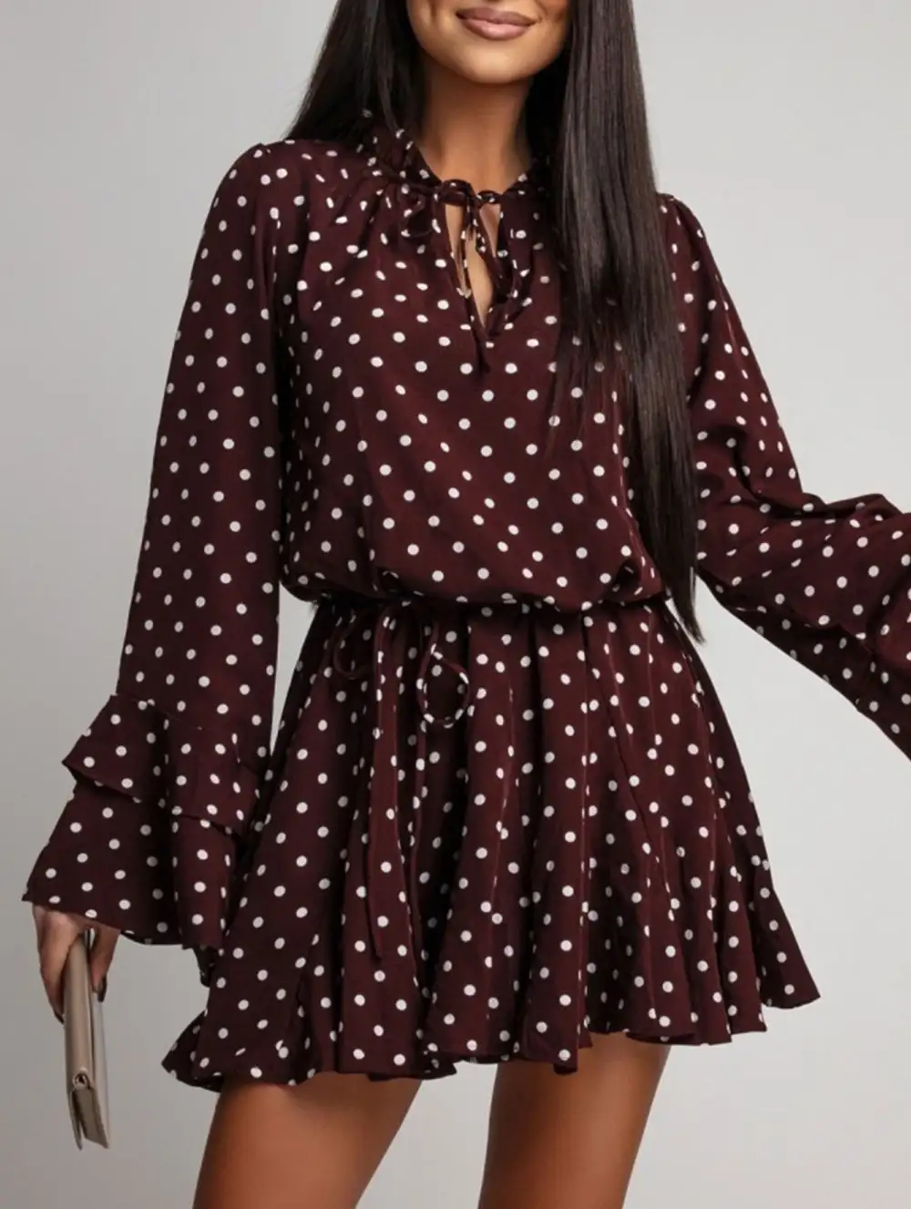 Polka Dot V-Neck Long Sleeve Midi Dress