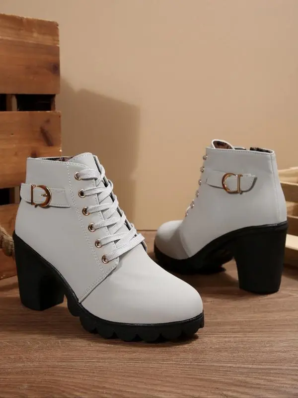 Women's Lace-Up Chunky Heel Short Boots, Metal Buckle Accent, Fashionable & Versatile
