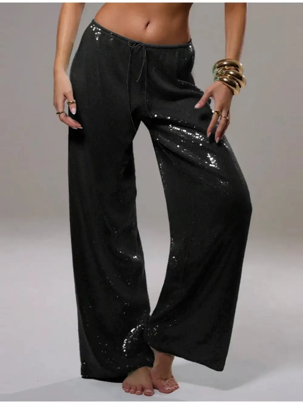Sequin Wide Leg Drawstring Pocketed Pants