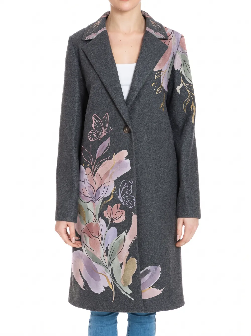 Women's Floral Butterfly Art Printed Wool Coat