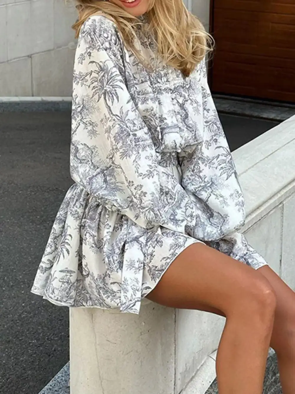 Layered Detail Printed Tie Waist Dress