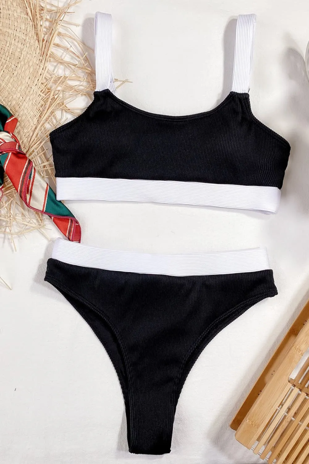 Blocked Pattern Scoop Neck Bikini Swim Set