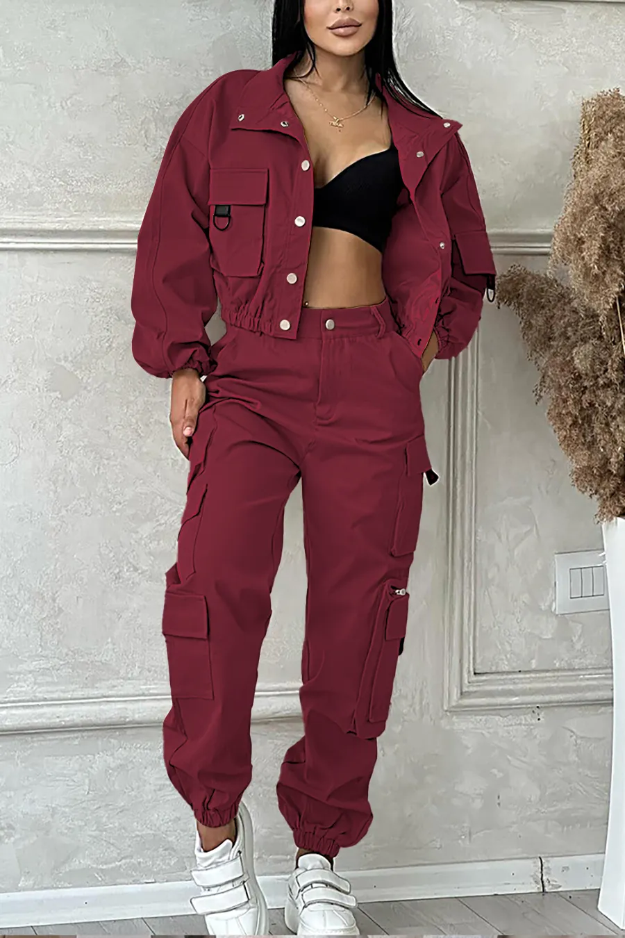9PACK- Solid Color Pocket Jacket & Pants Two-piece Set