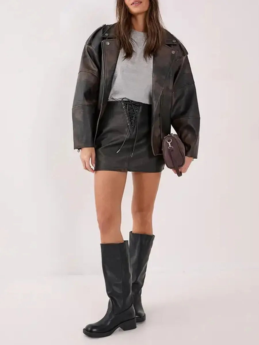 Women's Black Leather Front-Lace Mini Skirt