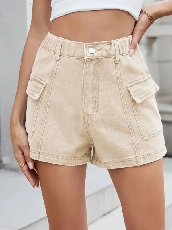 High-Waist Cargo Denim Shorts