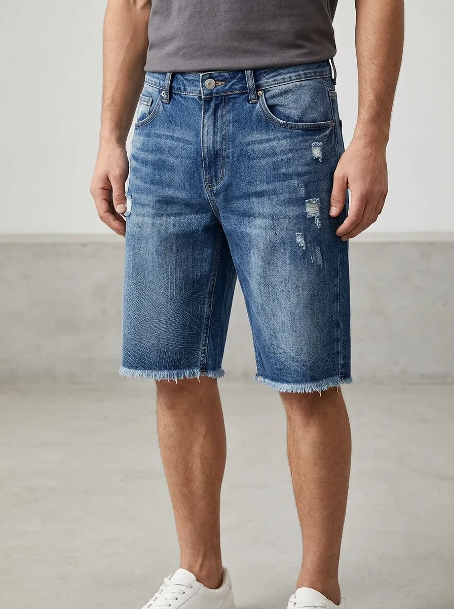 Men's Classic Geometric Distressed Raw Hem Distressed Denim Shorts