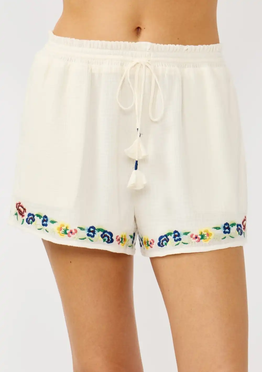 Flower Embroidered Drawstring Shorts