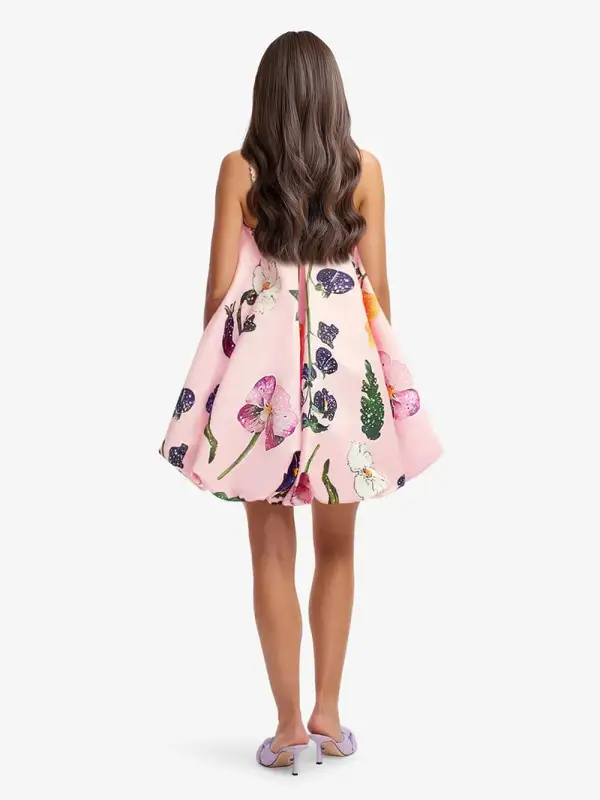 Printed Strap Detail Bubble Hem Mini Dress