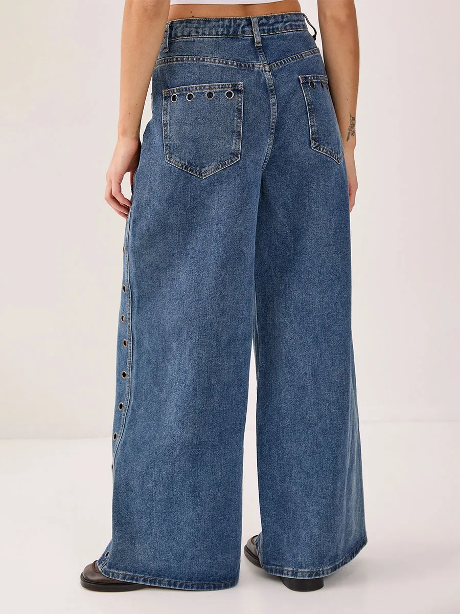 Women's  Side Eyelet Wide-Leg Jeans