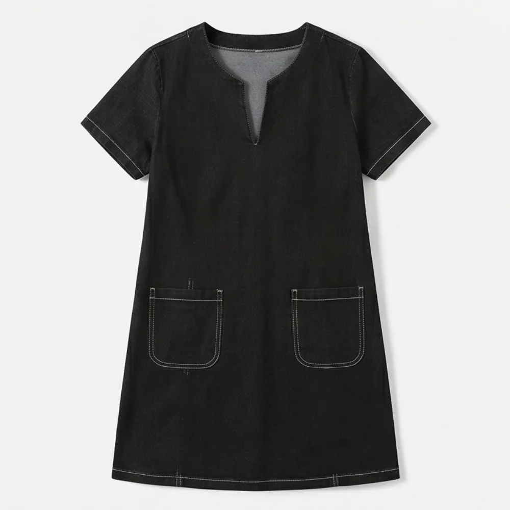 V Neck Pocket Denim Midi Dress