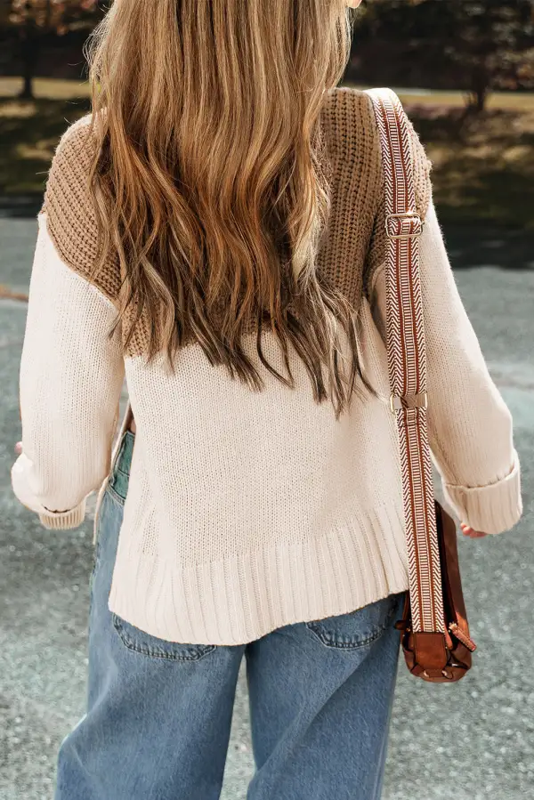 Cable Knit Color Block Side Slit High Neck Sweater