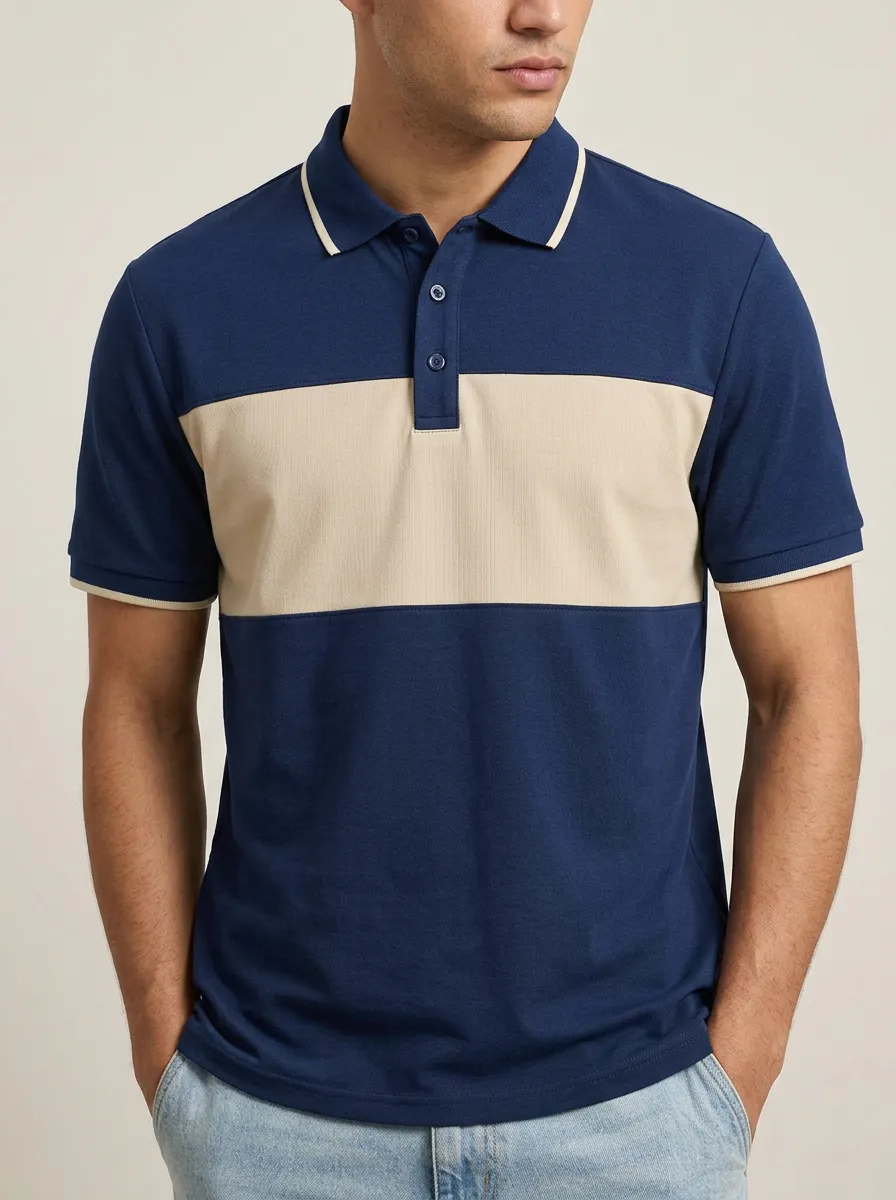Men's Modern Knit Ribbed Textured Striped Colorblock Polo Shirt