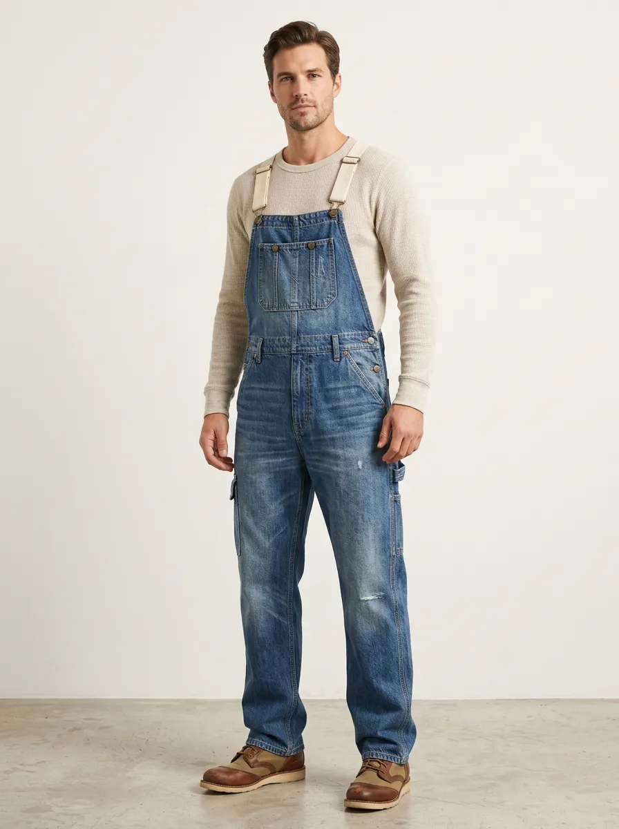 Men's Vintage Distressed Denim Bib Overalls