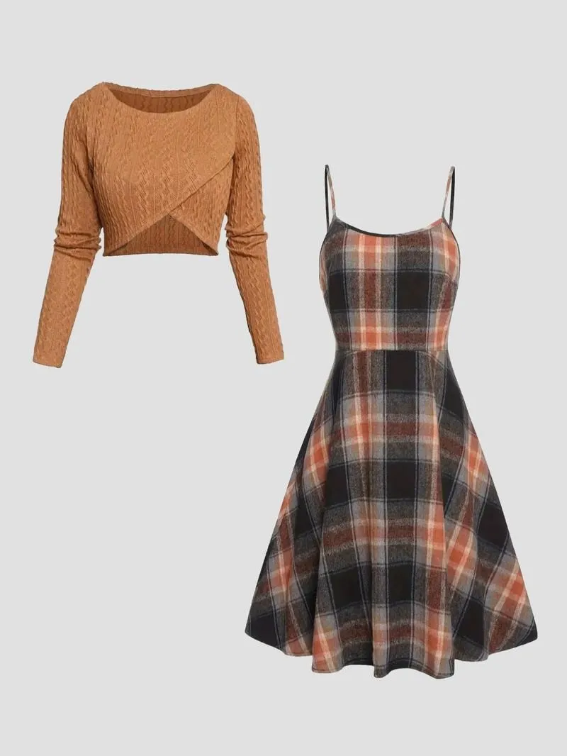 Women's Solid Wrap Hem Round Neck Textured Long Sleeve Crop Top & Plaid Print A-Line Dress Set