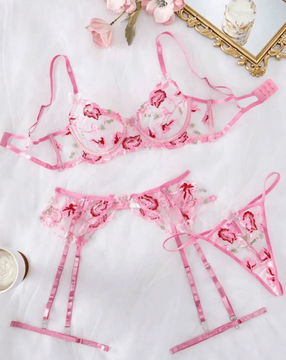 Floral Lace Garter Lingerie Set