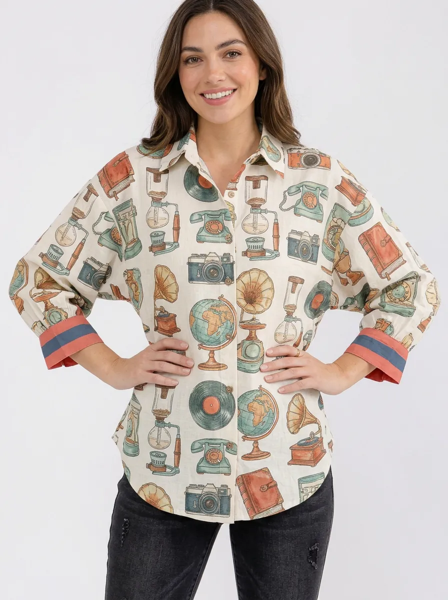 Women's Vintage Hobby Retro Items Printed Button-up Shirt