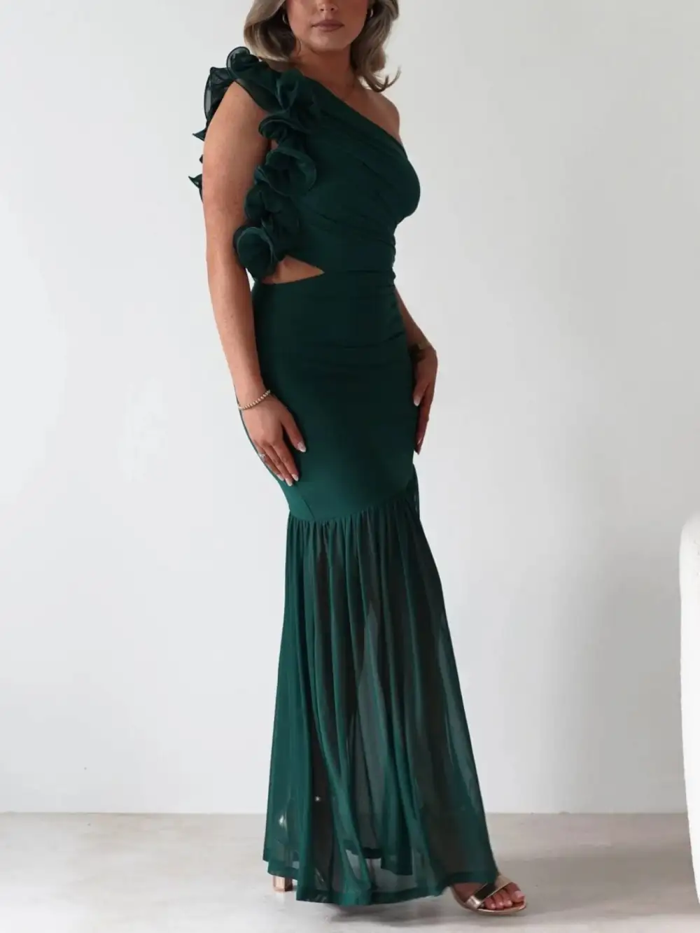 One Shoulder Ruffle Trim Maxi Dress