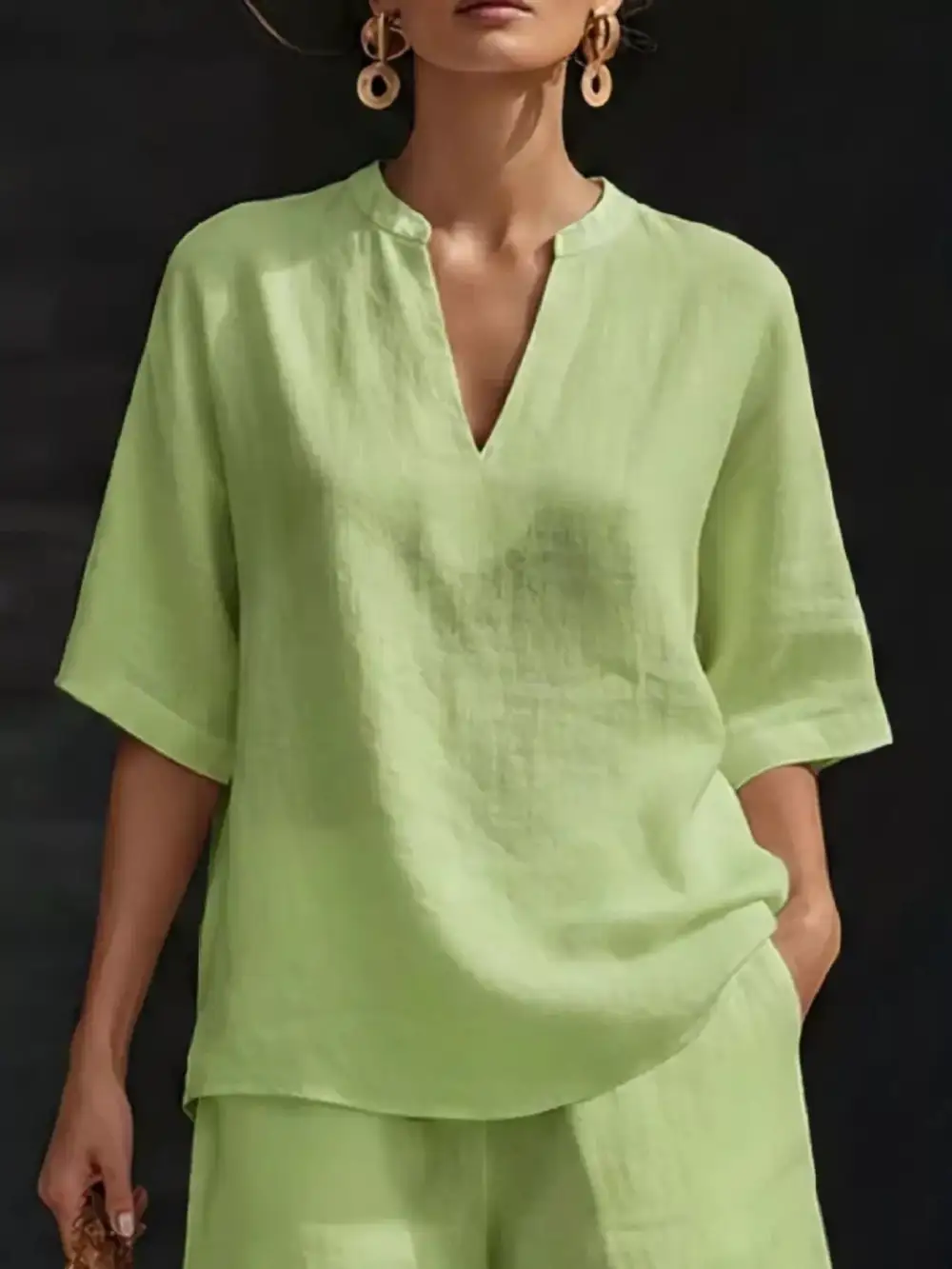 Notched Half Sleeve Top and Shorts Set