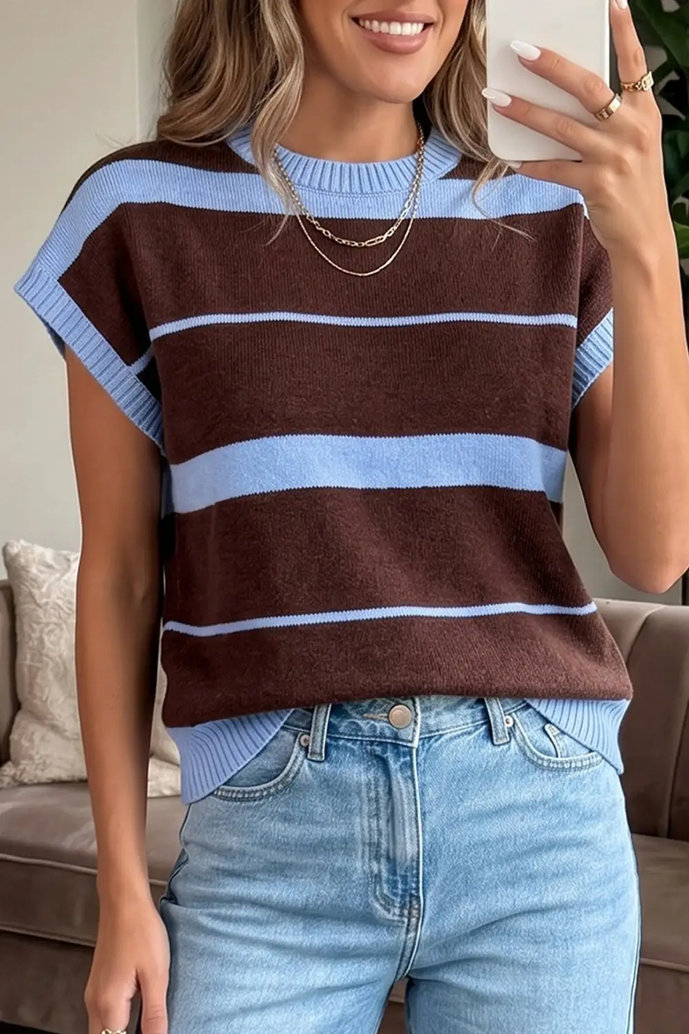 Striped Short-Sleeve Round Neck Everyday Knit Top