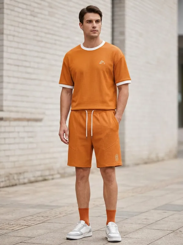 Classic Waffle Texture Mountain Graphic Shape Men's T-Shirt And Shorts Set