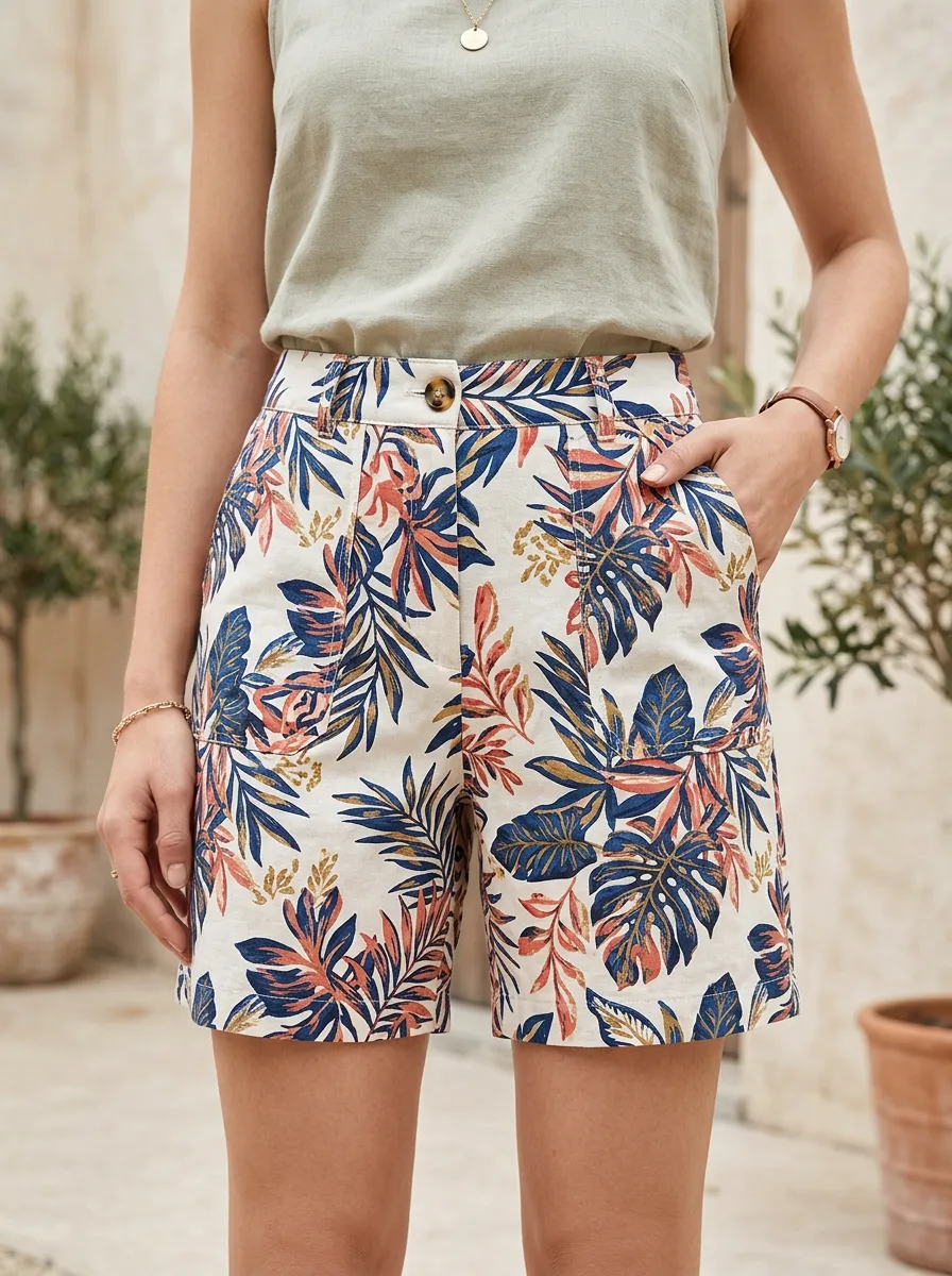 Women's Tropical Botanical Leaf Belt Loop Printed Shorts