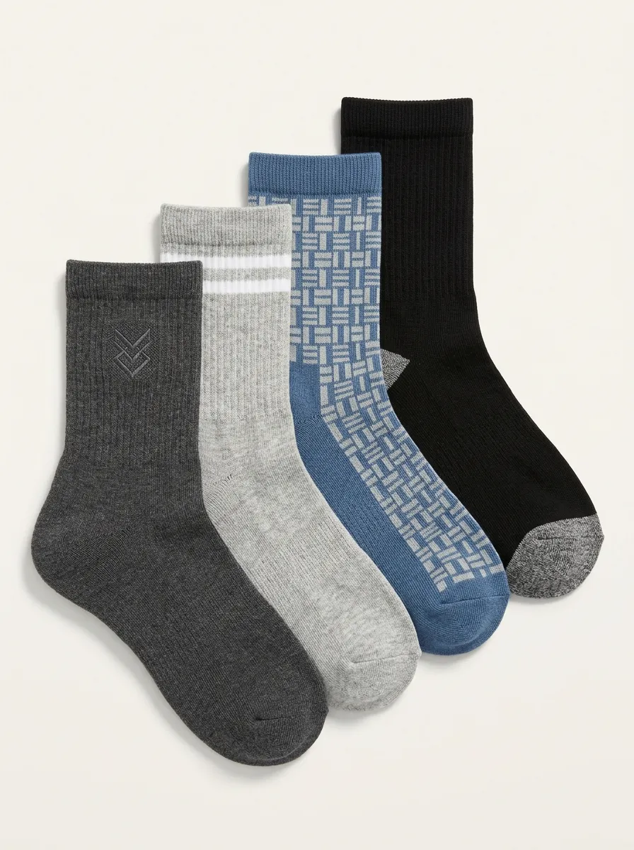 Striped Geometric Ribbed Texture Embroidered Detail Men's Crew Socks Four-Pair Pack