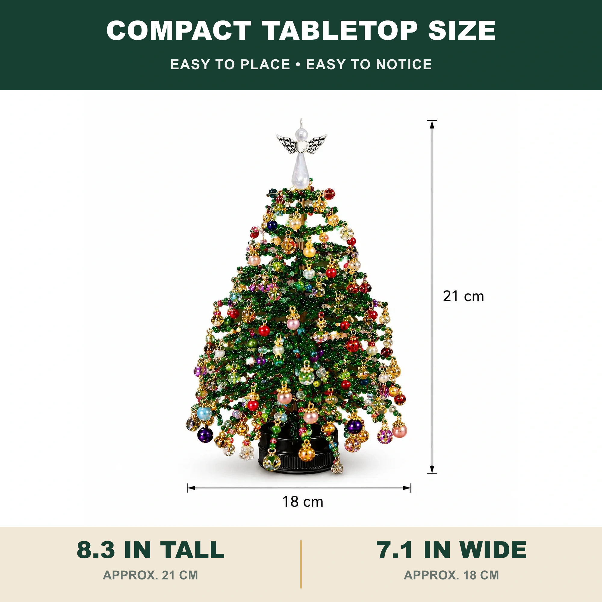 Finished beaded tabletop tree size approximately 21 centimeters tall and 18 centimeters wide