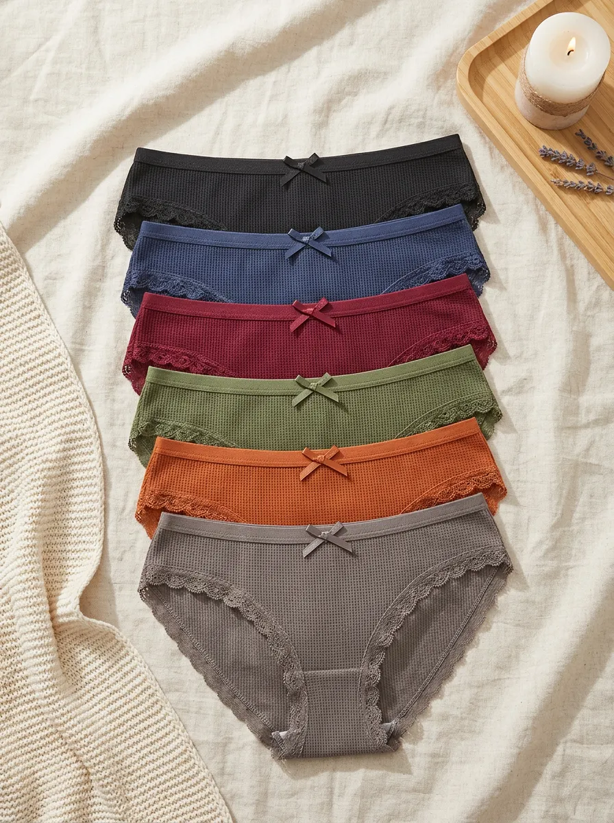 Women's Bow Detail Waffle Knit Lace Trim 6-Pack Panty Set