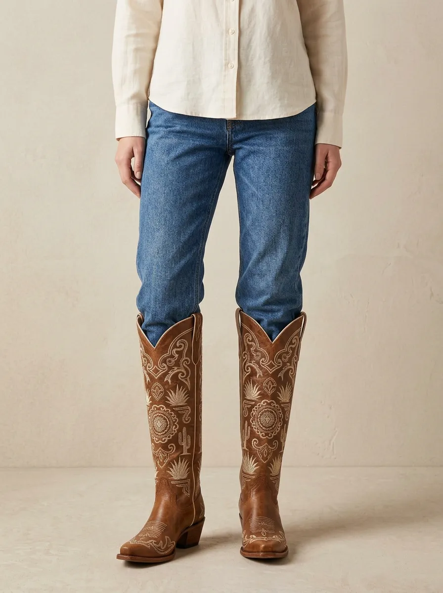 Women's Western Cactus Wing Geometric Embroidered Piped Pointed-Toe Denim Over-the-Knee Boots