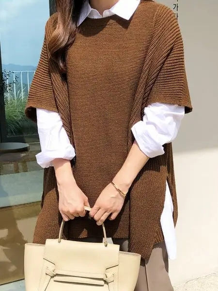 Casual Split Hem Round Neck Relaxed Fit Sweater