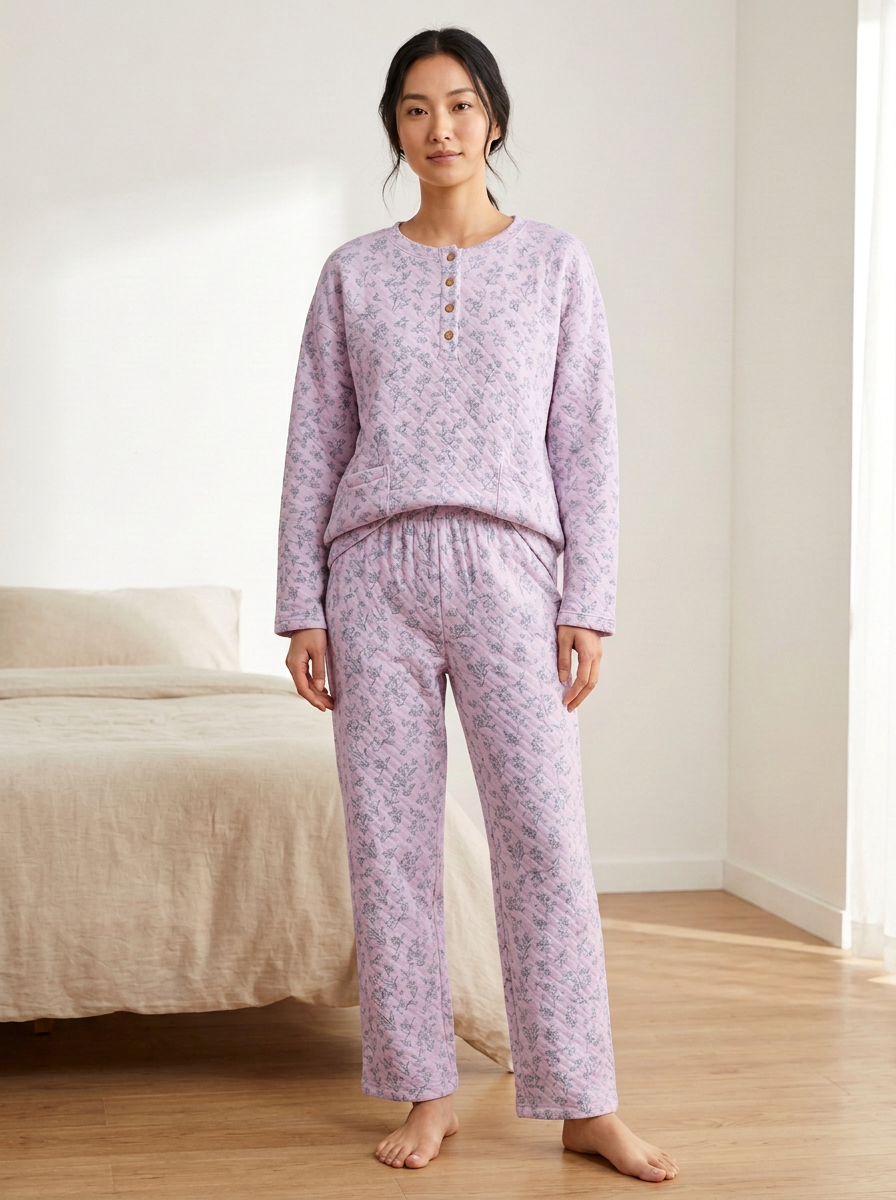 Women's Floral Quilted Henley Pull-On Lounge Set
