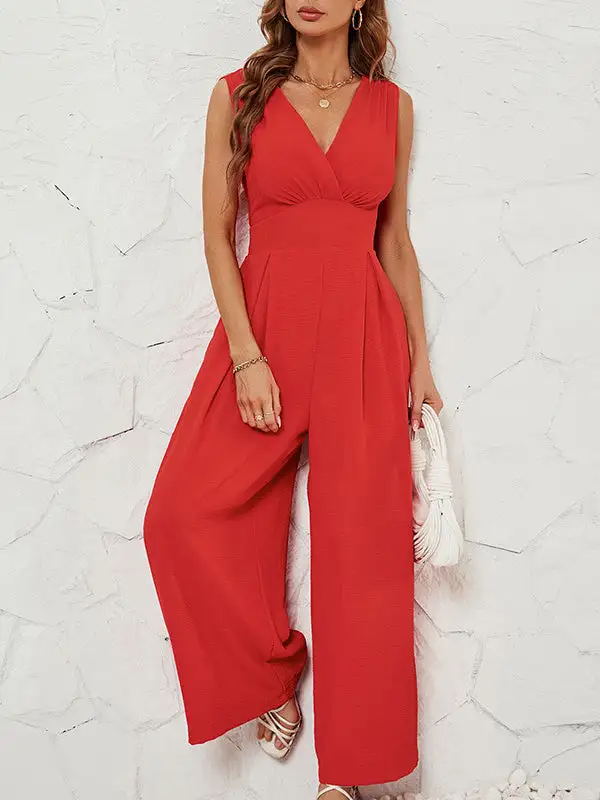 Losse Mouwloze Geplooide Jumpsuits Met Split Joint V