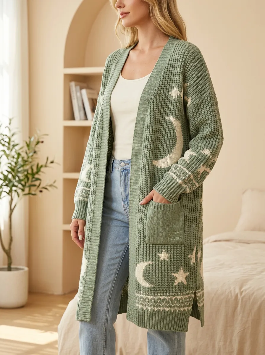Women's Celestial Moon Star Pattern Print Knit Long Cardigan