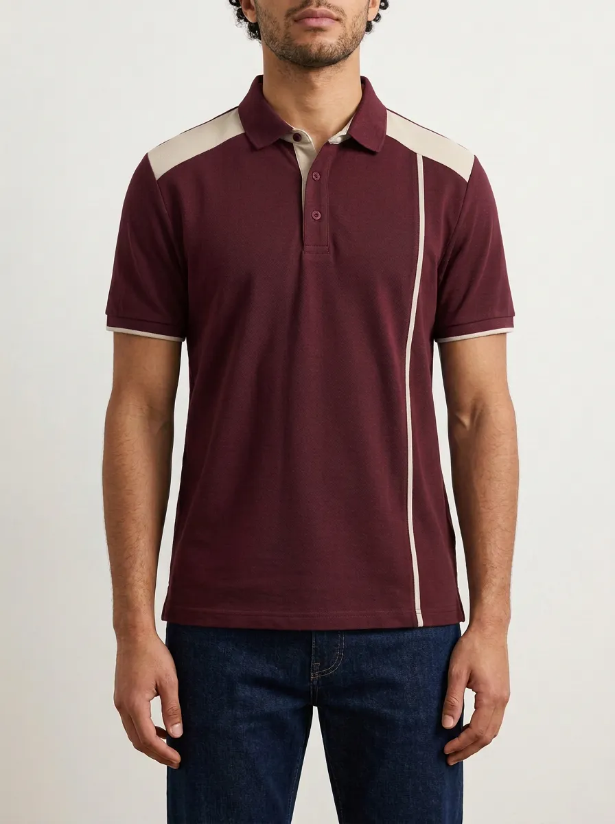 Men's Knit Ribbed Textured Colorblock Contrast-Piping Contrast-Trim Running Graphic Polo Shirt